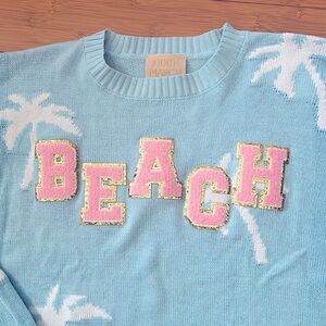 Judith March blue Beach logo embroidered Sweater sz large Palm trees